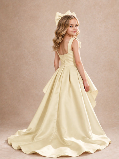 Satin Flower Girl Dress Square Neck Shoulder Bows High Low Ruffled Wedding Pageant Gown