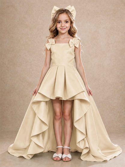 Satin Flower Girl Dress Square Neck Shoulder Bows High Low Ruffled Wedding Pageant Gown