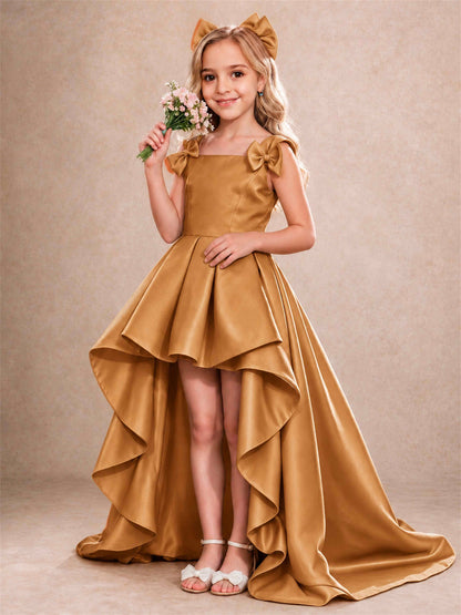 Satin Flower Girl Dress Square Neck Shoulder Bows High Low Ruffled Wedding Pageant Gown
