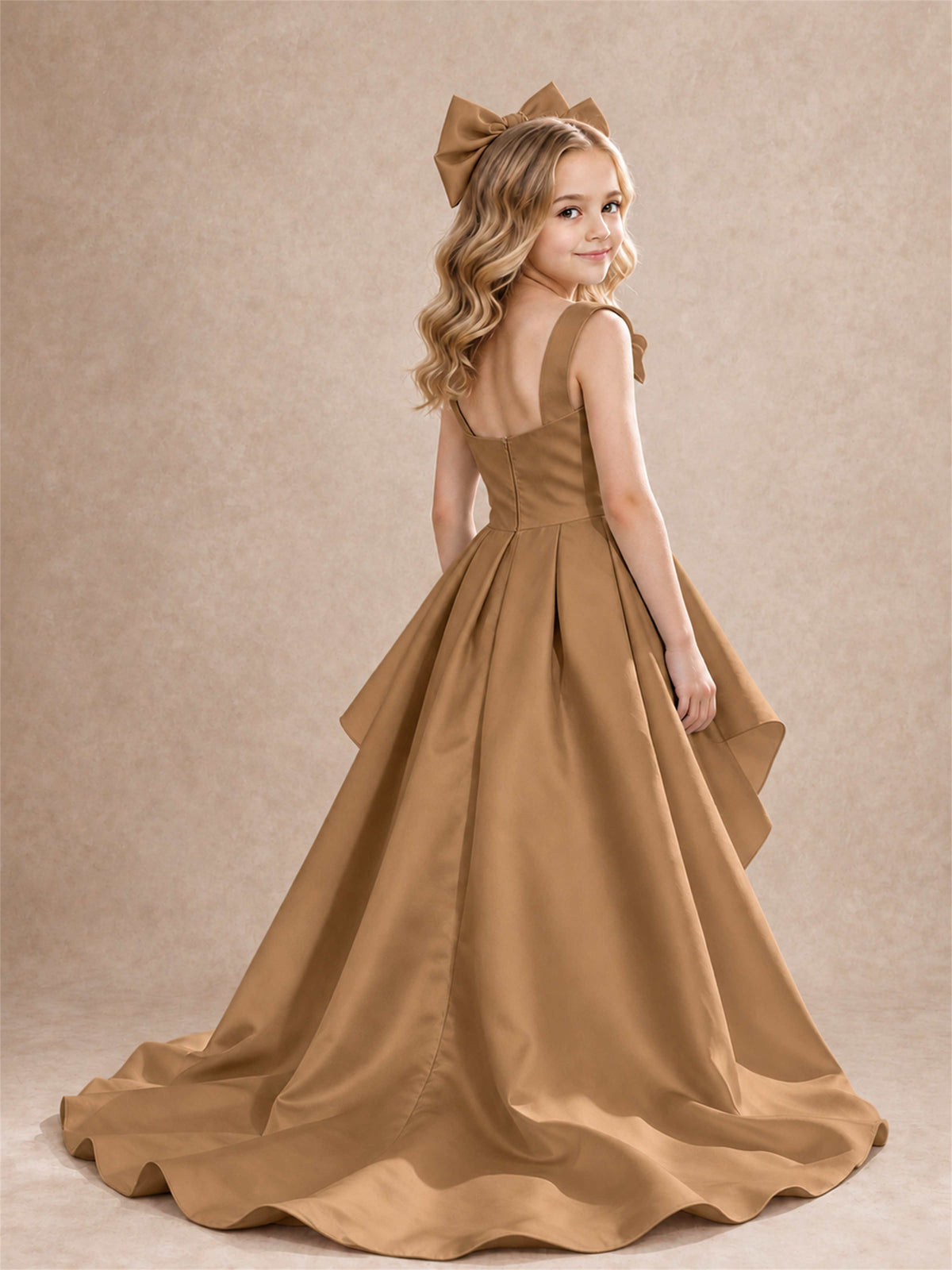 Satin Flower Girl Dress Square Neck Shoulder Bows High Low Ruffled Wedding Pageant Gown