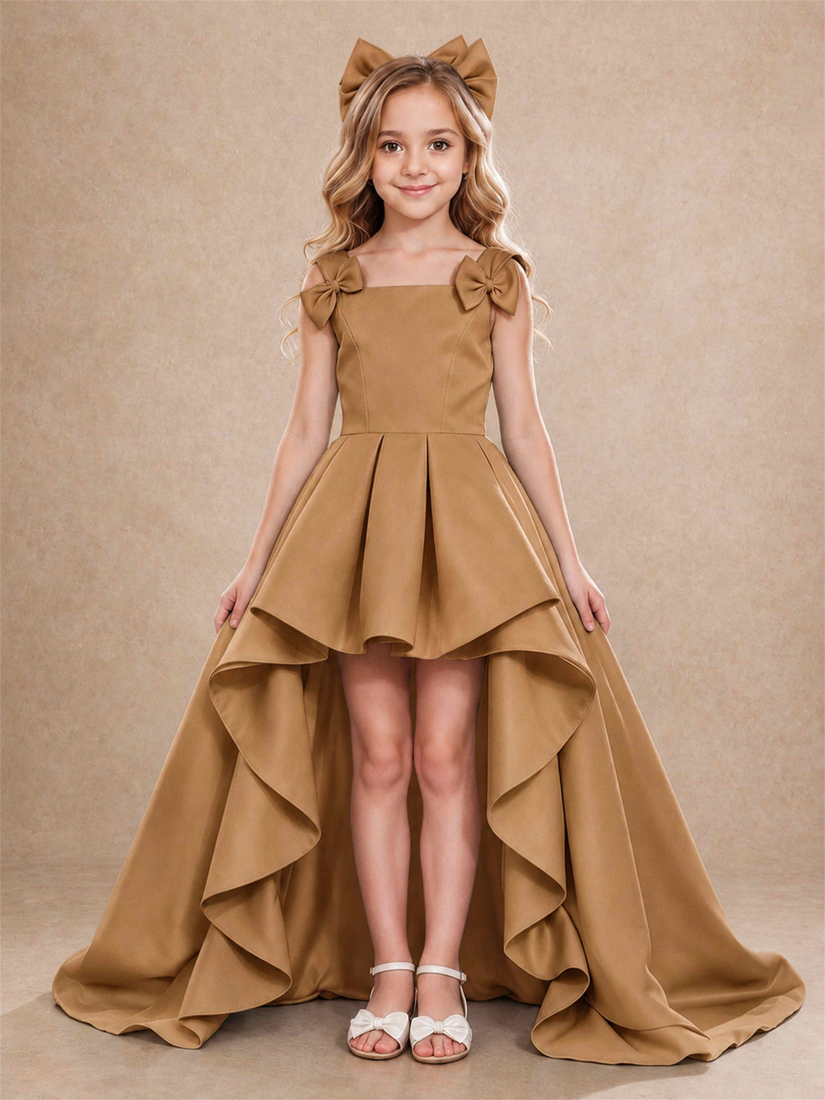 Satin Flower Girl Dress Square Neck Shoulder Bows High Low Ruffled Wedding Pageant Gown
