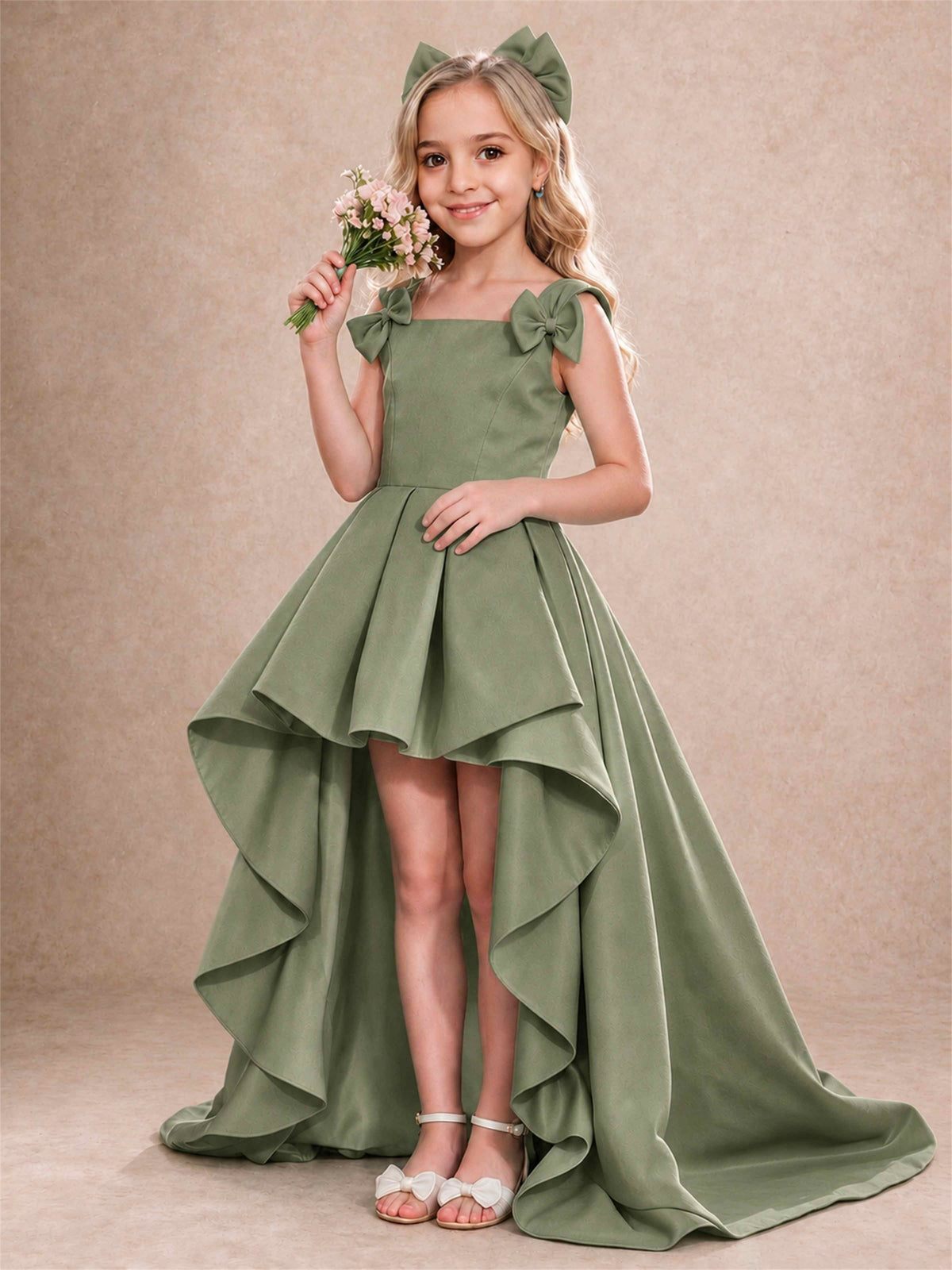 Satin Flower Girl Dress Square Neck Shoulder Bows High Low Ruffled Wedding Pageant Gown