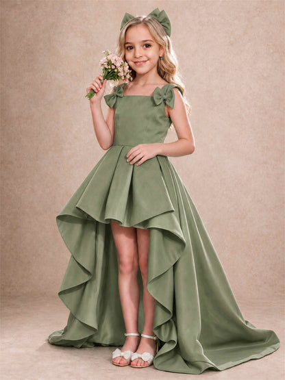 Satin Flower Girl Dress Square Neck Shoulder Bows High Low Ruffled Wedding Pageant Gown