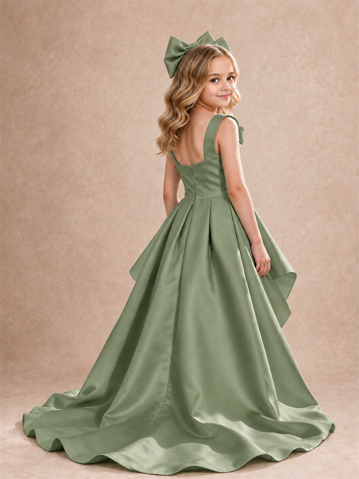 Satin Flower Girl Dress Square Neck Shoulder Bows High Low Ruffled Wedding Pageant Gown