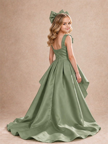 Satin Flower Girl Dress Square Neck Shoulder Bows High Low Ruffled Wedding Pageant Gown