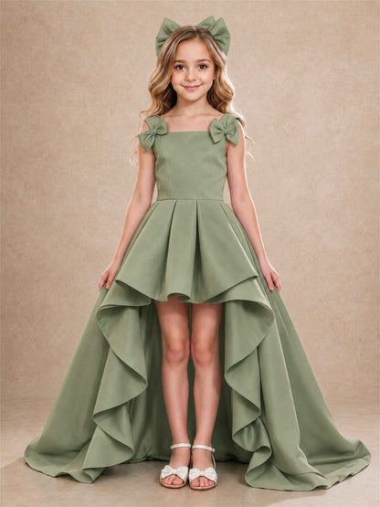 Satin Flower Girl Dress Square Neck Shoulder Bows High Low Ruffled Wedding Pageant Gown