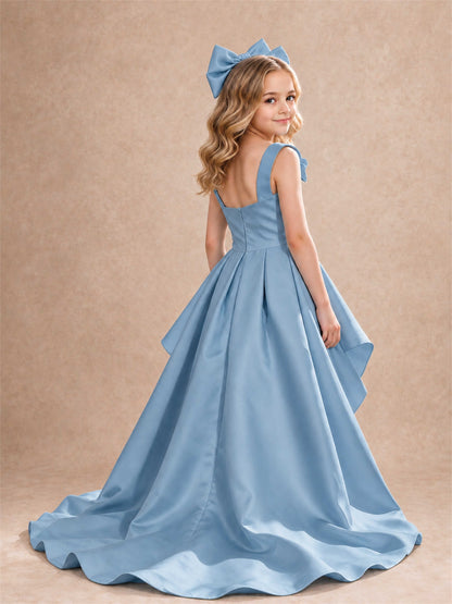 Satin Flower Girl Dress Square Neck Shoulder Bows High Low Ruffled Wedding Pageant Gown