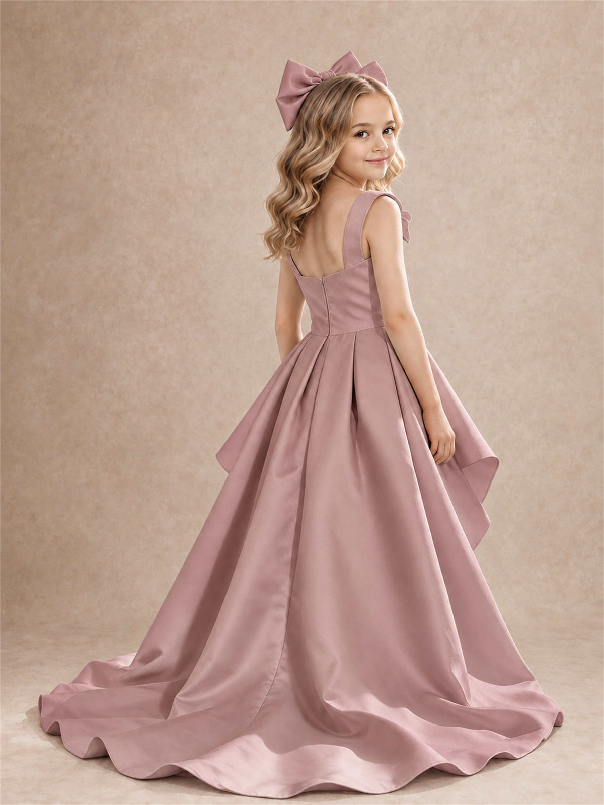 Satin Flower Girl Dress Square Neck Shoulder Bows High Low Ruffled Wedding Pageant Gown