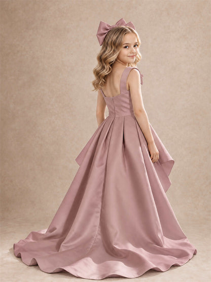 Satin Flower Girl Dress Square Neck Shoulder Bows High Low Ruffled Wedding Pageant Gown