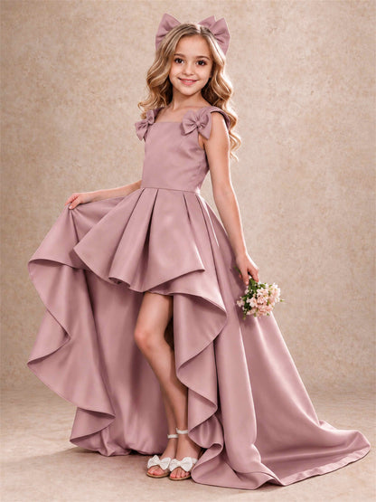 Satin Flower Girl Dress Square Neck Shoulder Bows High Low Ruffled Wedding Pageant Gown