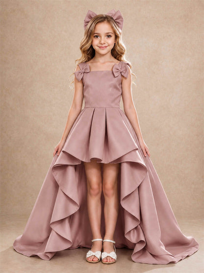Satin Flower Girl Dress Square Neck Shoulder Bows High Low Ruffled Wedding Pageant Gown