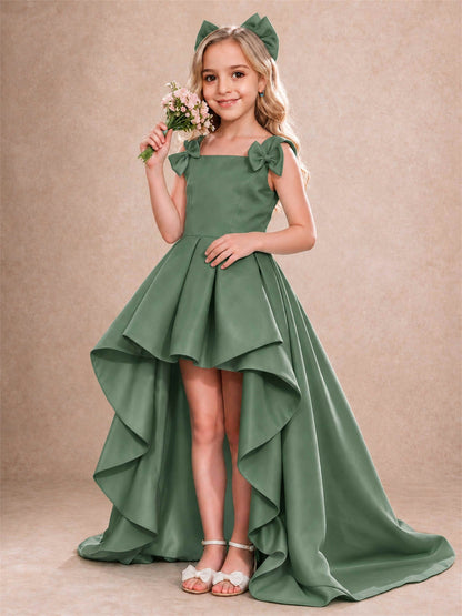 Satin Flower Girl Dress Square Neck Shoulder Bows High Low Ruffled Wedding Pageant Gown