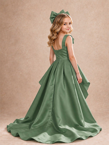 Satin Flower Girl Dress Square Neck Shoulder Bows High Low Ruffled Wedding Pageant Gown
