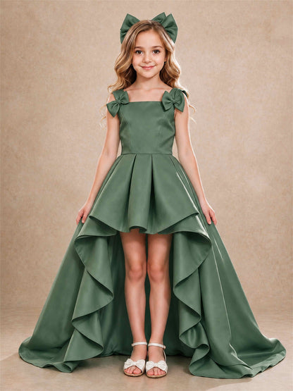 Satin Flower Girl Dress Square Neck Shoulder Bows High Low Ruffled Wedding Pageant Gown
