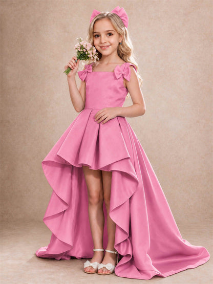Satin Flower Girl Dress Square Neck Shoulder Bows High Low Ruffled Wedding Pageant Gown
