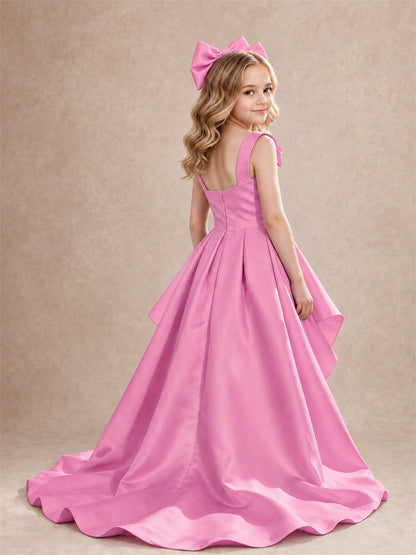 Satin Flower Girl Dress Square Neck Shoulder Bows High Low Ruffled Wedding Pageant Gown