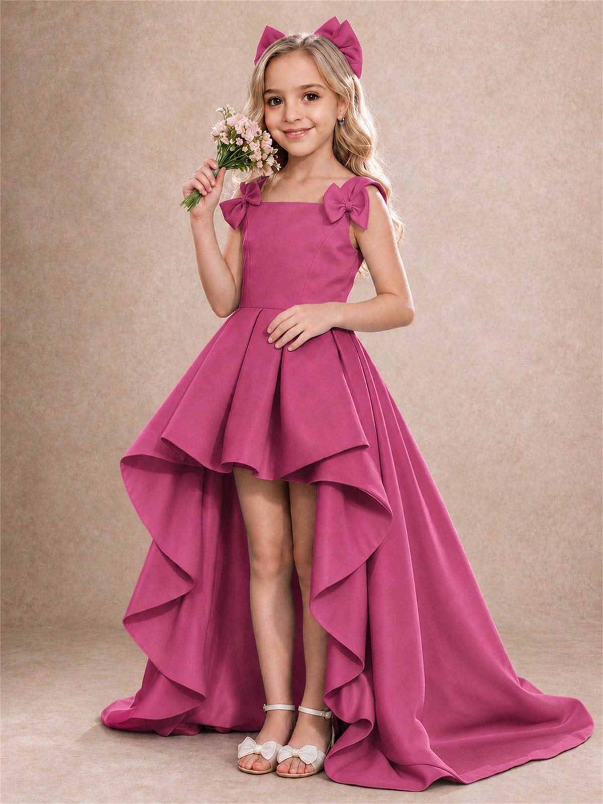 Satin Flower Girl Dress Square Neck Shoulder Bows High Low Ruffled Wedding Pageant Gown
