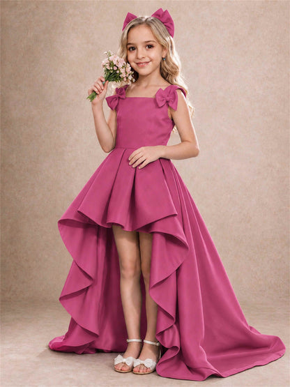 Satin Flower Girl Dress Square Neck Shoulder Bows High Low Ruffled Wedding Pageant Gown