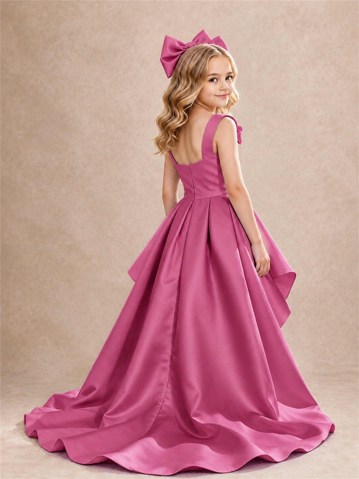 Satin Flower Girl Dress Square Neck Shoulder Bows High Low Ruffled Wedding Pageant Gown