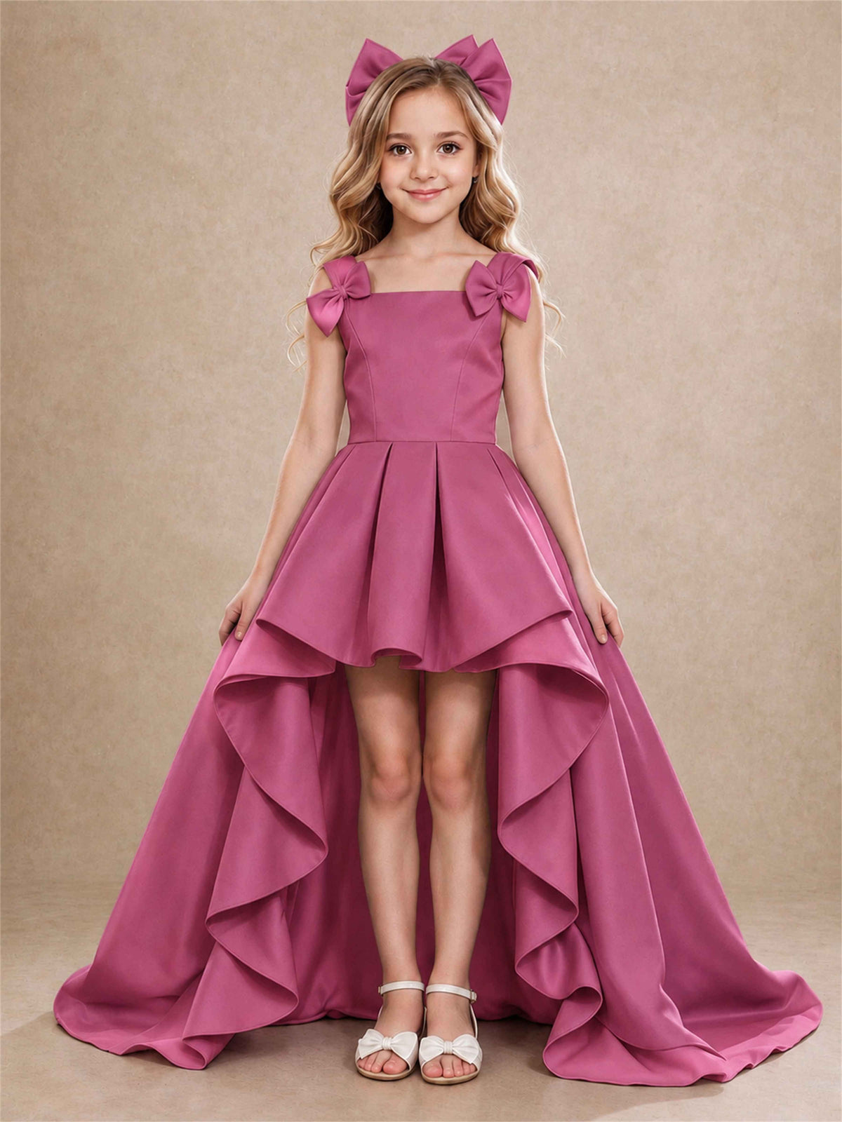 Satin Flower Girl Dress Square Neck Shoulder Bows High Low Ruffled Wedding Pageant Gown