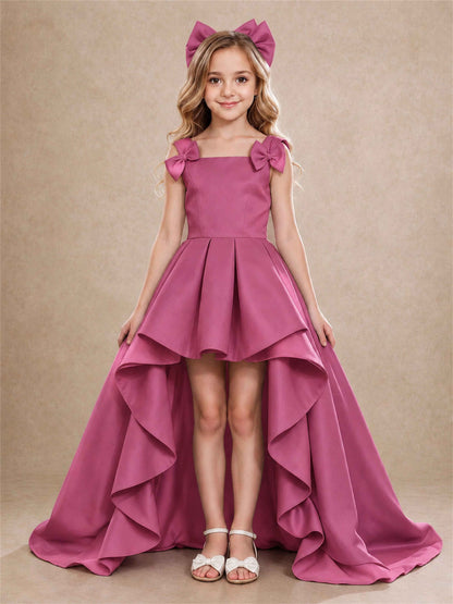 Satin Flower Girl Dress Square Neck Shoulder Bows High Low Ruffled Wedding Pageant Gown