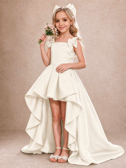 Satin Flower Girl Dress Square Neck Shoulder Bows High Low Ruffled Wedding Pageant Gown