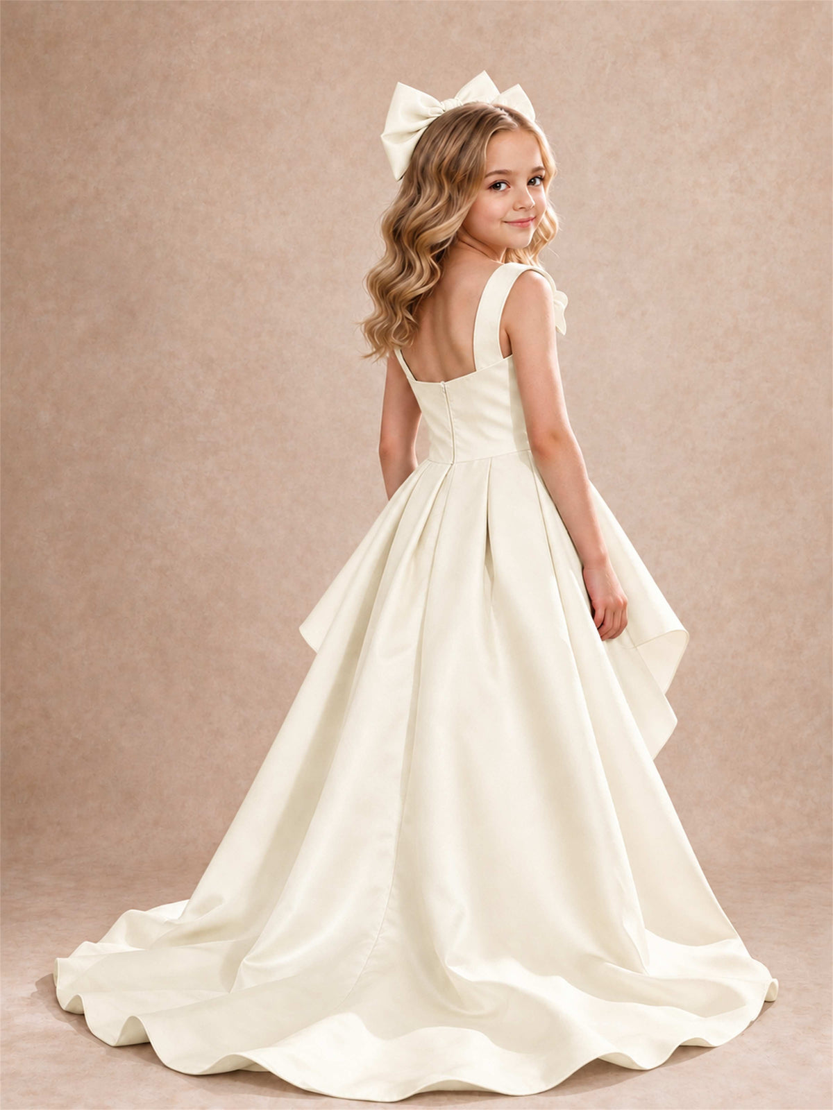 Satin Flower Girl Dress Square Neck Shoulder Bows High Low Ruffled Wedding Pageant Gown