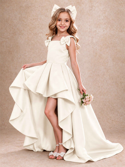 Satin Flower Girl Dress Square Neck Shoulder Bows High Low Ruffled Wedding Pageant Gown