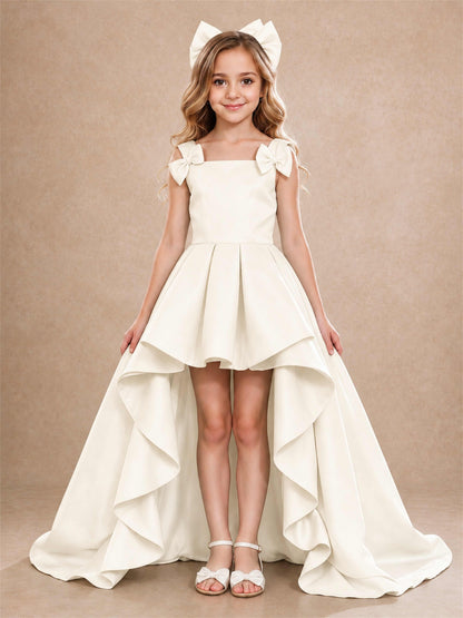 Satin Flower Girl Dress Square Neck Shoulder Bows High Low Ruffled Wedding Pageant Gown