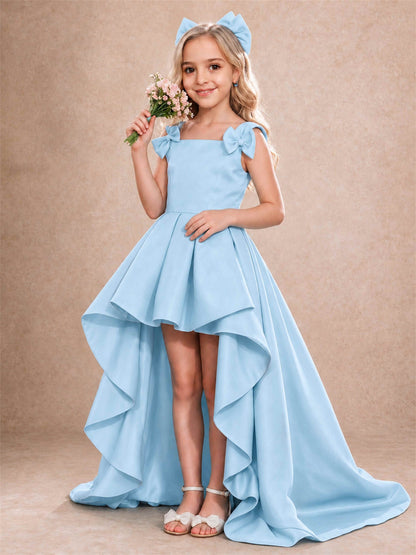 Satin Flower Girl Dress Square Neck Shoulder Bows High Low Ruffled Wedding Pageant Gown