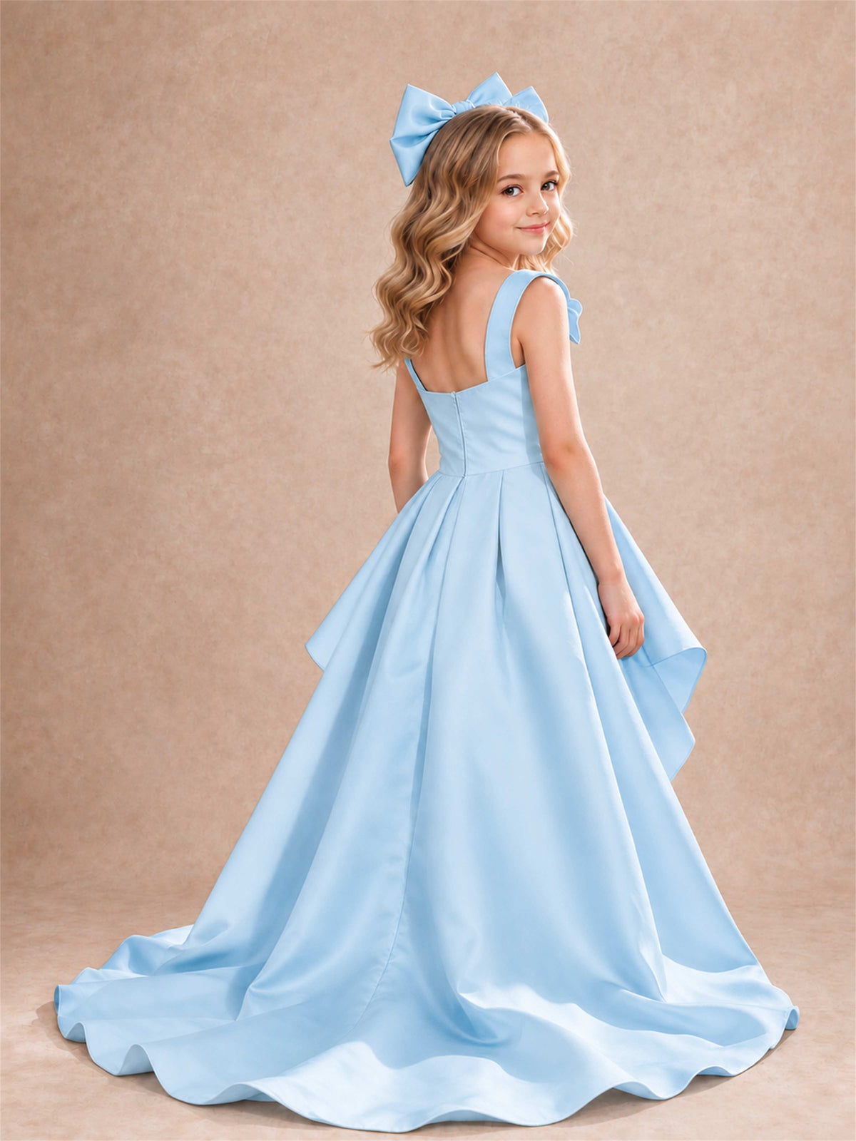 Satin Flower Girl Dress Square Neck Shoulder Bows High Low Ruffled Wedding Pageant Gown