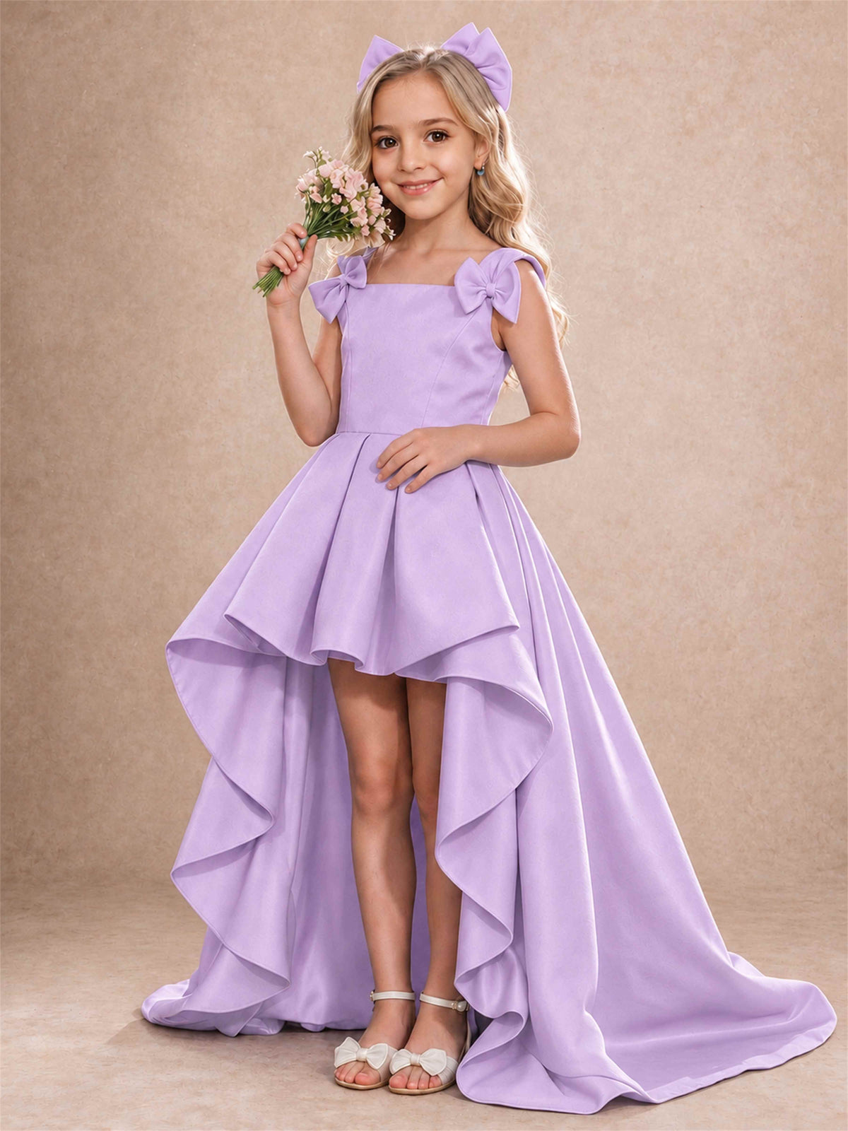 Satin Flower Girl Dress Square Neck Shoulder Bows High Low Ruffled Wedding Pageant Gown