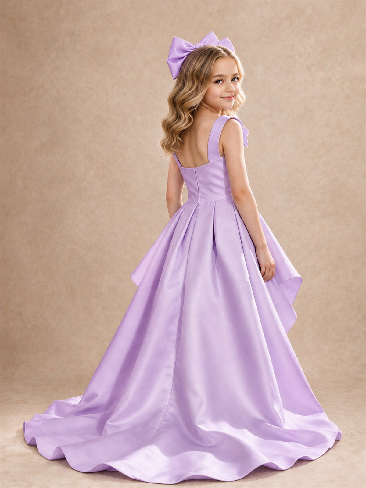 Satin Flower Girl Dress Square Neck Shoulder Bows High Low Ruffled Wedding Pageant Gown