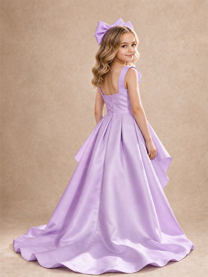 Satin Flower Girl Dress Square Neck Shoulder Bows High Low Ruffled Wedding Pageant Gown