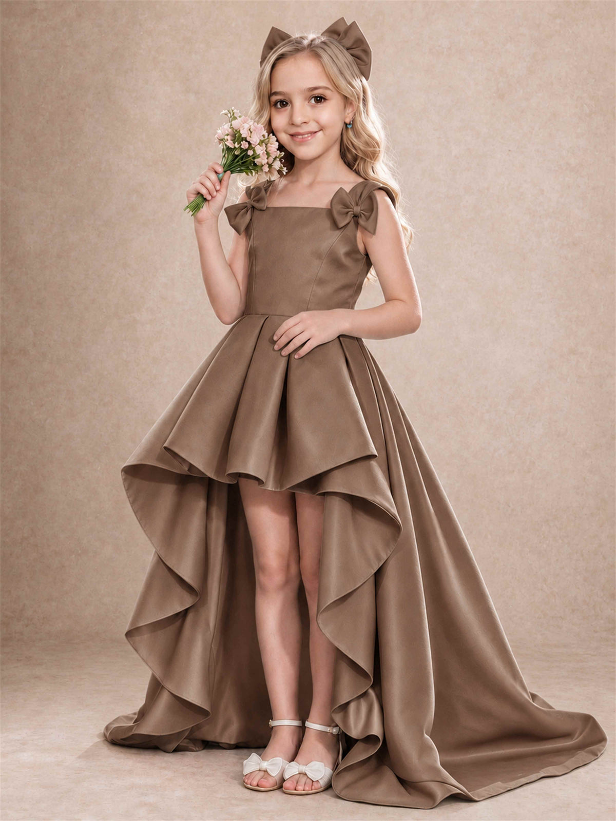 Satin Flower Girl Dress Square Neck Shoulder Bows High Low Ruffled Wedding Pageant Gown
