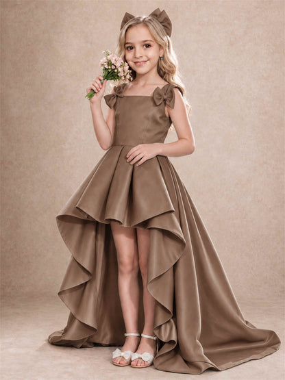 Satin Flower Girl Dress Square Neck Shoulder Bows High Low Ruffled Wedding Pageant Gown