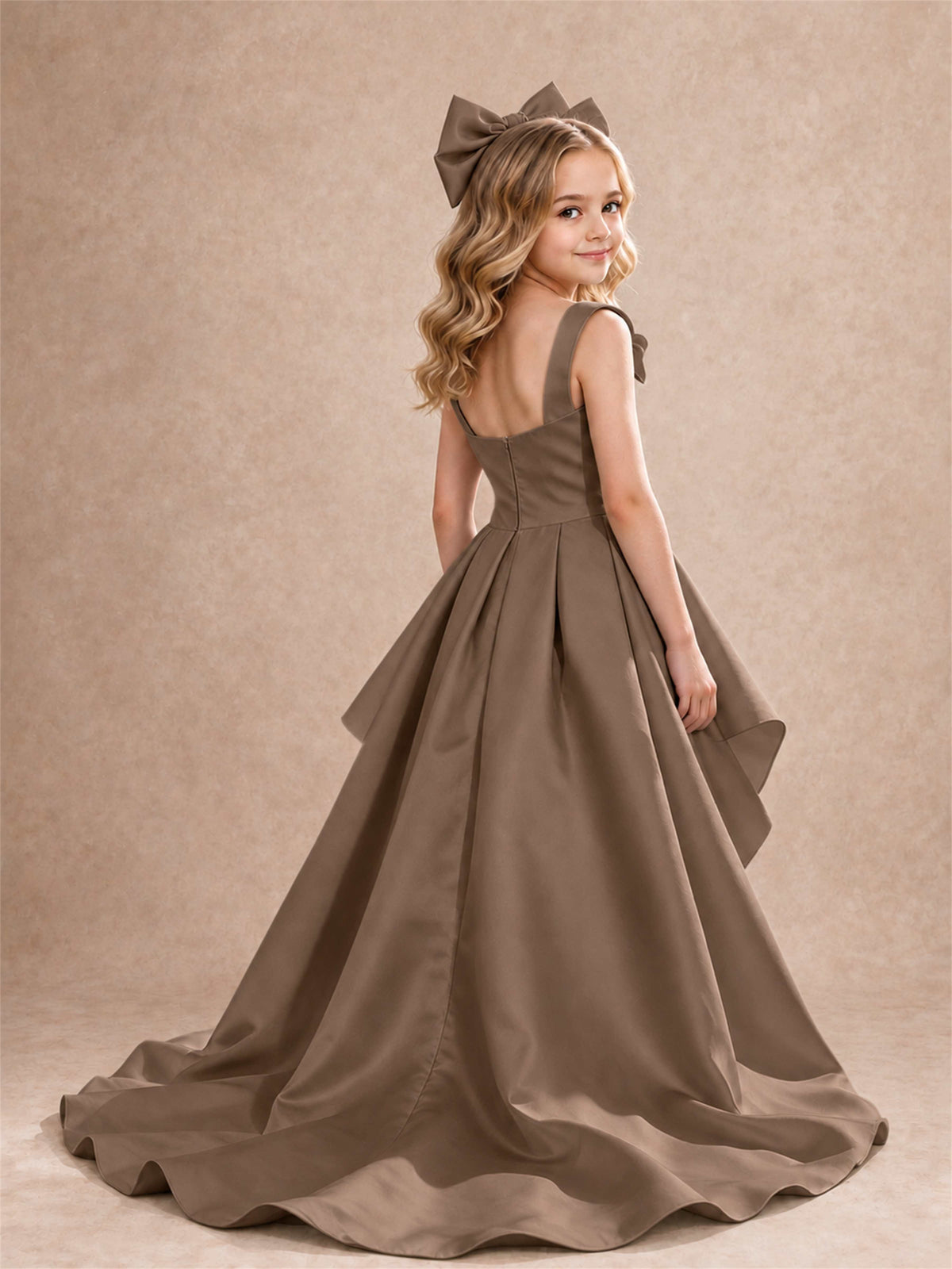 Satin Flower Girl Dress Square Neck Shoulder Bows High Low Ruffled Wedding Pageant Gown