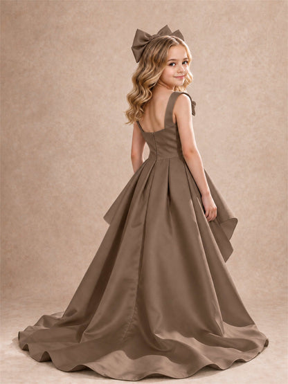 Satin Flower Girl Dress Square Neck Shoulder Bows High Low Ruffled Wedding Pageant Gown