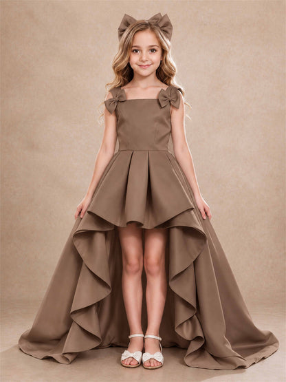 Satin Flower Girl Dress Square Neck Shoulder Bows High Low Ruffled Wedding Pageant Gown