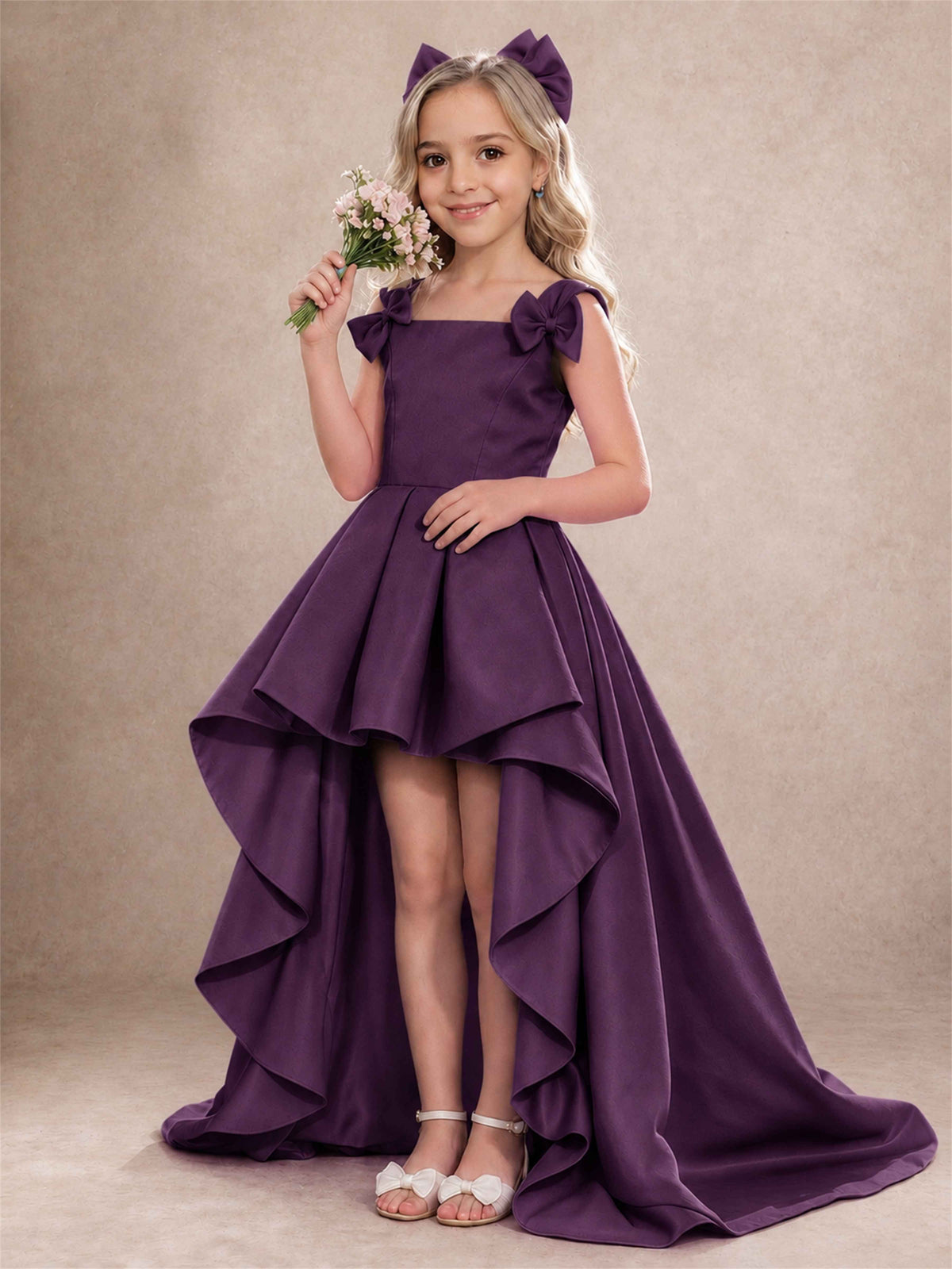 Satin Flower Girl Dress Square Neck Shoulder Bows High Low Ruffled Wedding Pageant Gown