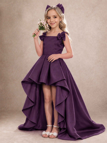 Satin Flower Girl Dress Square Neck Shoulder Bows High Low Ruffled Wedding Pageant Gown