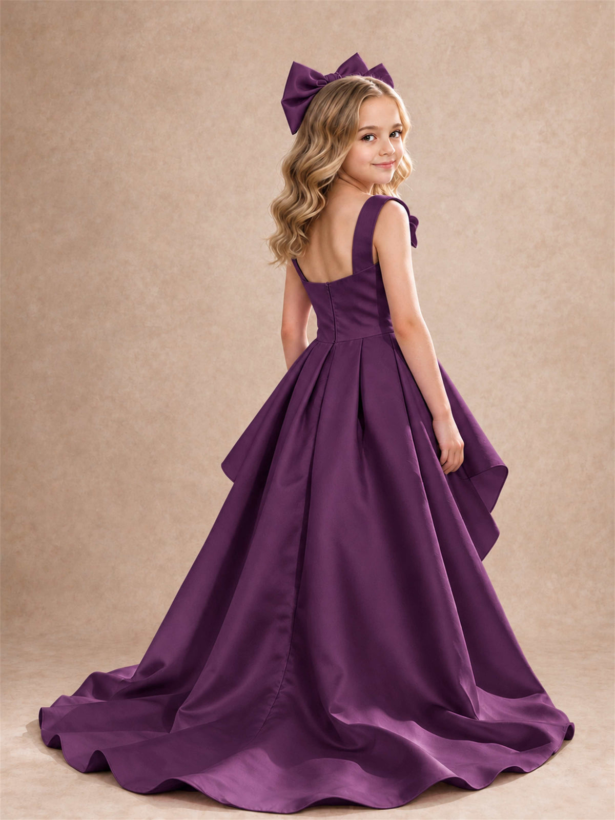 Satin Flower Girl Dress Square Neck Shoulder Bows High Low Ruffled Wedding Pageant Gown