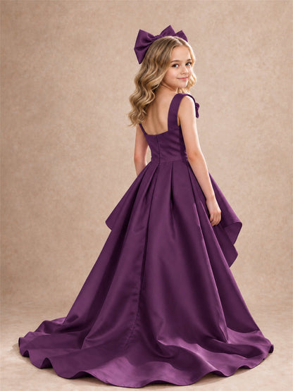 Satin Flower Girl Dress Square Neck Shoulder Bows High Low Ruffled Wedding Pageant Gown