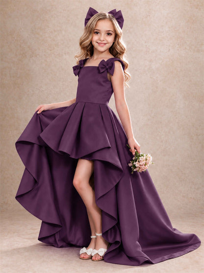 Satin Flower Girl Dress Square Neck Shoulder Bows High Low Ruffled Wedding Pageant Gown