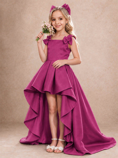 Satin Flower Girl Dress Square Neck Shoulder Bows High Low Ruffled Wedding Pageant Gown
