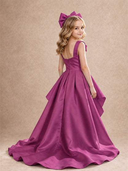 Satin Flower Girl Dress Square Neck Shoulder Bows High Low Ruffled Wedding Pageant Gown