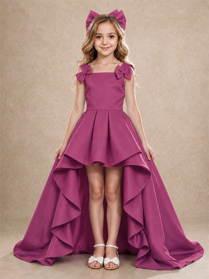 Satin Flower Girl Dress Square Neck Shoulder Bows High Low Ruffled Wedding Pageant Gown