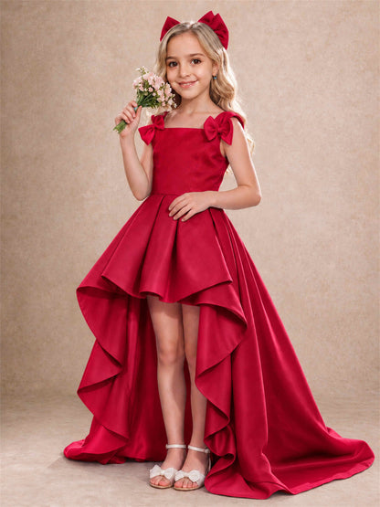 Satin Flower Girl Dress Square Neck Shoulder Bows High Low Ruffled Wedding Pageant Gown