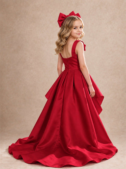 Satin Flower Girl Dress Square Neck Shoulder Bows High Low Ruffled Wedding Pageant Gown