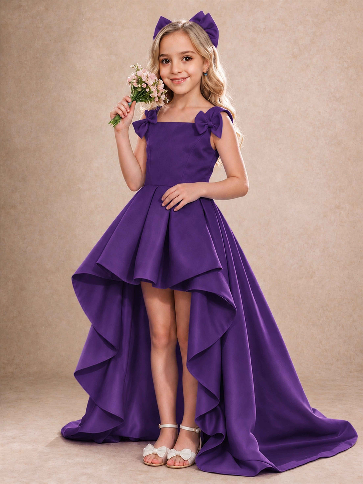 Satin Flower Girl Dress Square Neck Shoulder Bows High Low Ruffled Wedding Pageant Gown